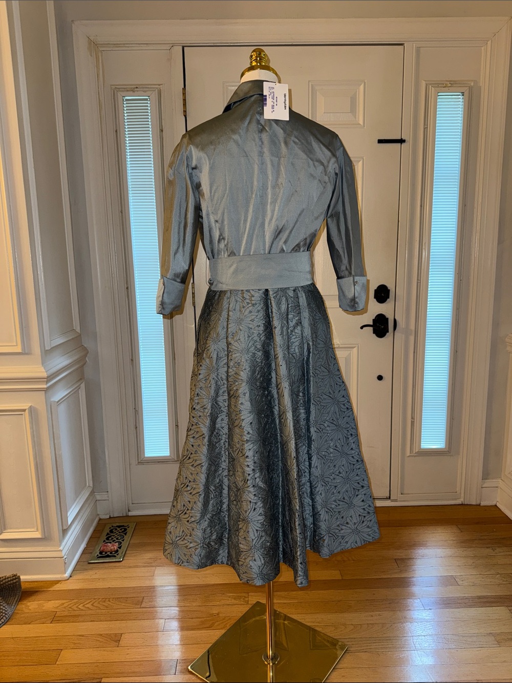 Rickie Freeman for Teri Jon Light Blue Satin Shirt-Collar Midi Dress - Picture 7 of 8